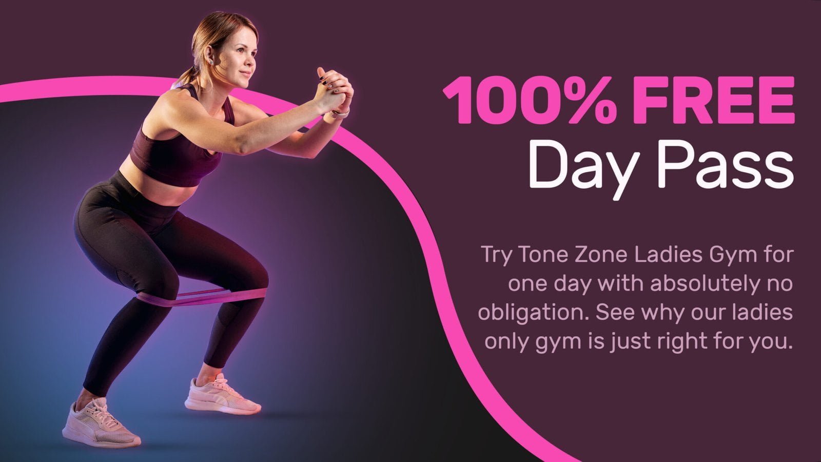 woman exercising showcasing exercise classes in derby with pink and white text on right side saying 100% free day pass